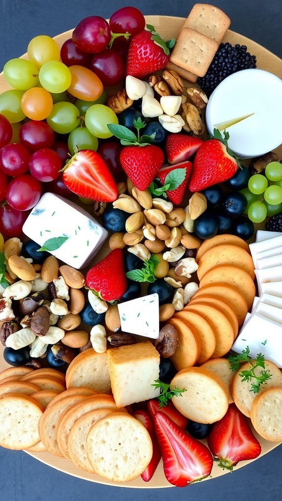 A colorful vegan charcuterie board with fruits, nuts, vegetables, and plant-based cheeses.